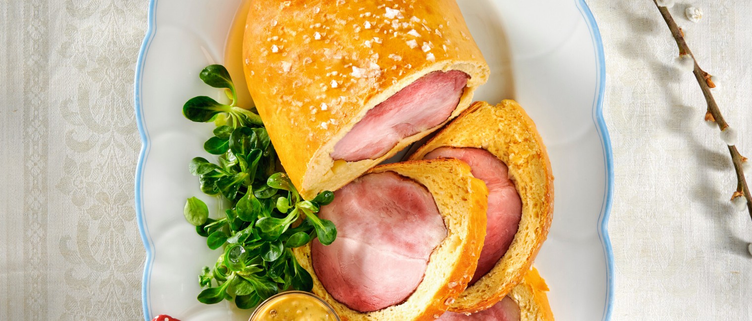 SPAR Mahlzeit Osterschinken im Kartoffelbrotteig mit Honigsenf