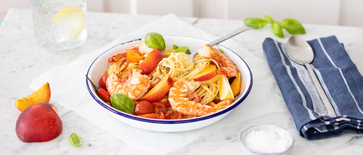 SPAR Mahlzeit Linguine mit Garnelen, Kirschtomaten und Pfirsich