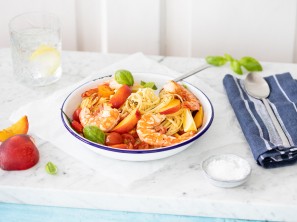 SPAR Mahlzeit Linguine mit Garnelen, Kirschtomaten und Pfirsich