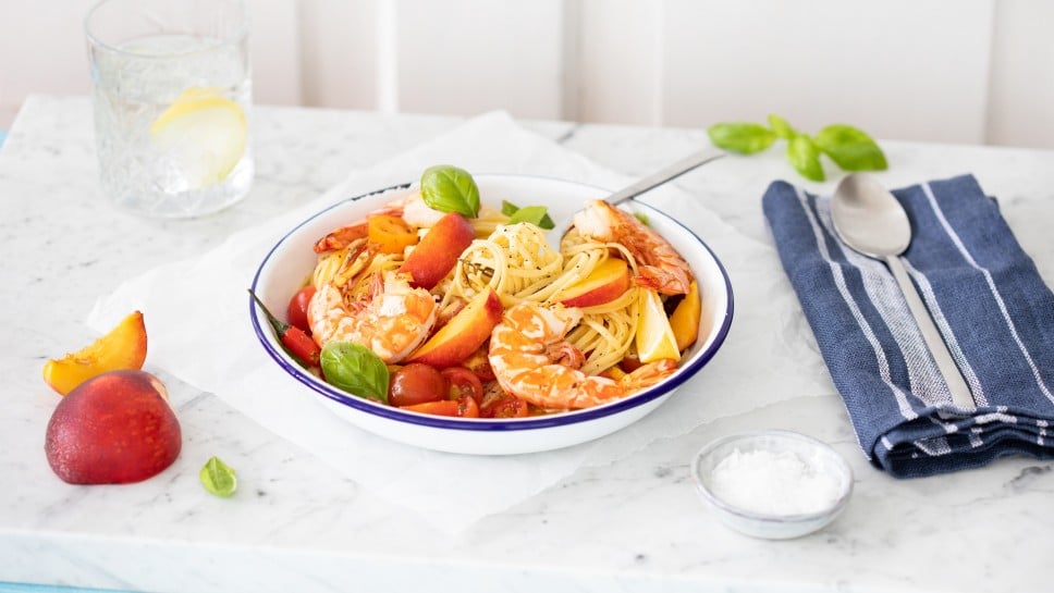 SPAR Mahlzeit Linguine mit Garnelen, Kirschtomaten und Pfirsich
