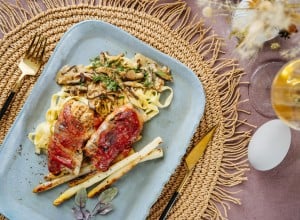 SPAR Mahlzeit Saibling mit Rohschinken und cremigen Pilzen