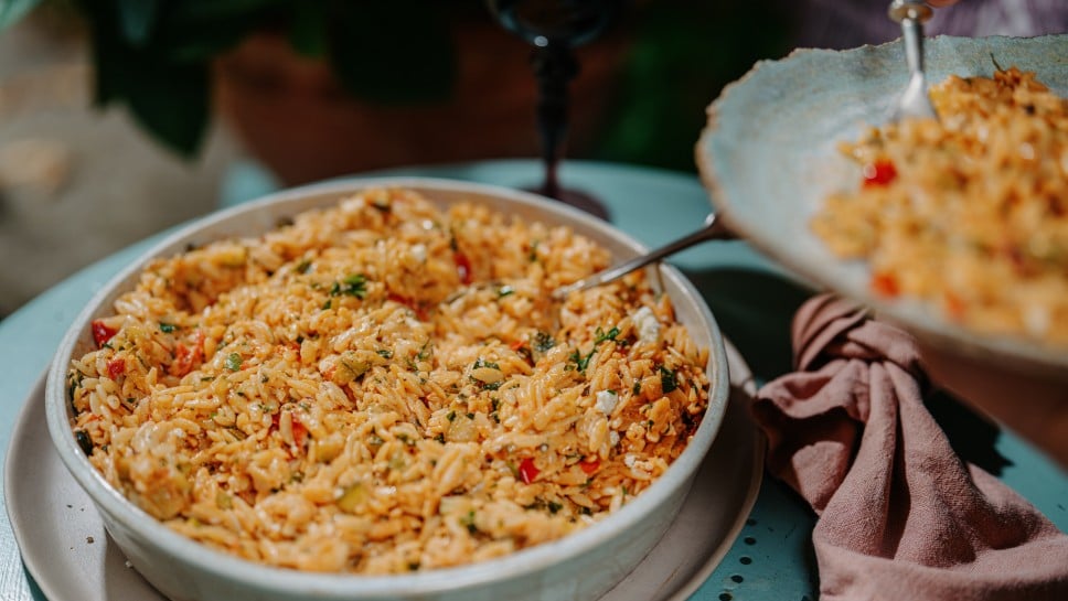 Kritharaki mit Lauch, Tomate und Feta