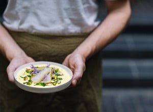 Kartoffelvelouté mit geschmortem und gebackenem Lauch, Haselnuss und Vanille