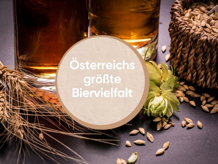 Hopfen, Biergläser mit Bier und Schriftzug "Österreichs größte Biervielfalt"