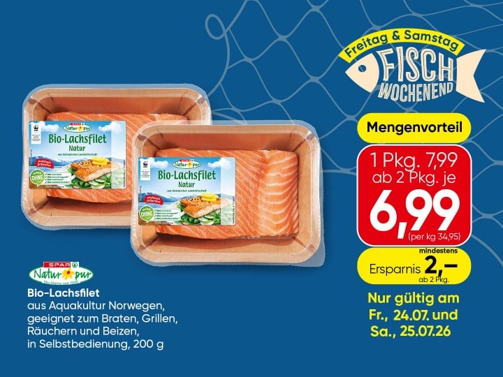 SPAR Natur pur Bio Lachsfilet, in Selbstbedienung, 200 gramm; eine Packung 7,99 Euro ab 2 Packungen je 6,99 Euro 