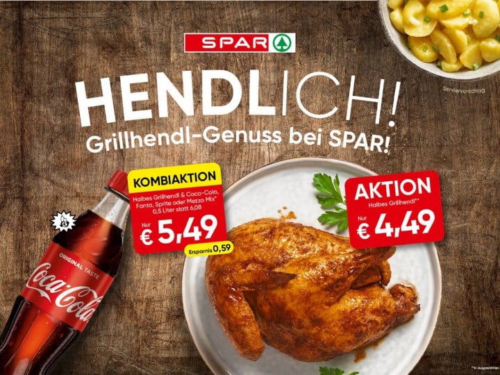 Grillhendl Aktion in ausgewählten Märkten bei SPAR in Kombination mit einem Coca Cola, Sprite, Fanta oder Mezzo Mix um 5,49 Euro.