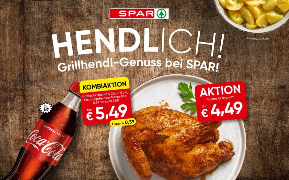 Grillhendl Aktion Grillhendl Aktion in ausgewählten Märkten bei SPAR in Kombination mit einem Coca Cola, Sprite, Fanta oder Mezzo Mix um 5,49 Euro.