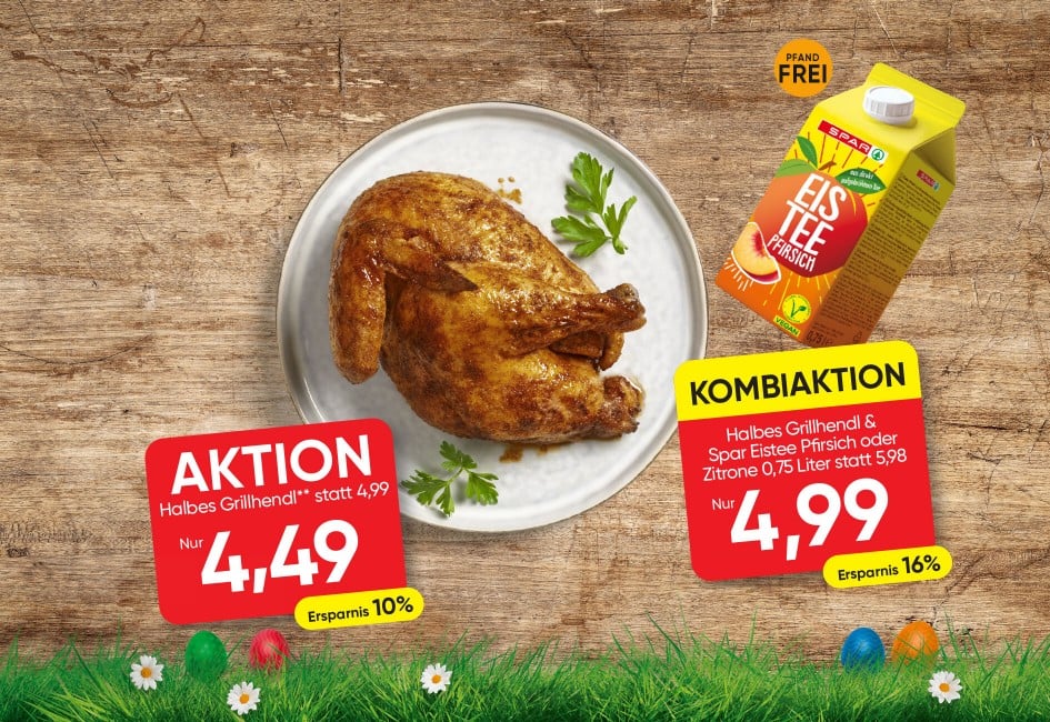 Kombiaktion: Halbes Grillhendl und Spar Eistee Pfirsich oder Zitrone