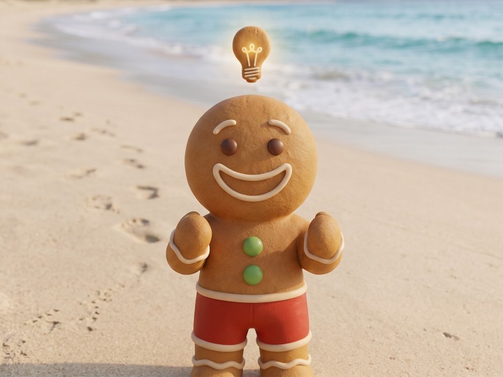 Leo Lebkuchen steht auf einer Insel am Strand, über ihm ist eine Lebkuchen Glühbirne zu sehen, er hat 