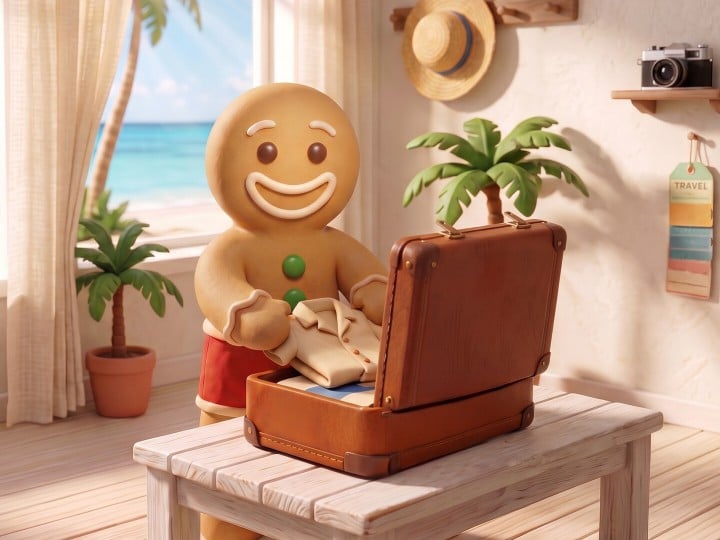 Leo Lebkuchen ist auf einer Insel in einem Zimmer und packt seinen Koffer