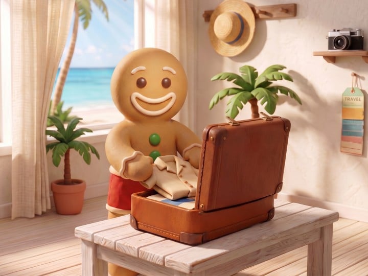 Leo Lebkuchen ist auf einer Insel in einem Zimmer und packt seinen Koffer