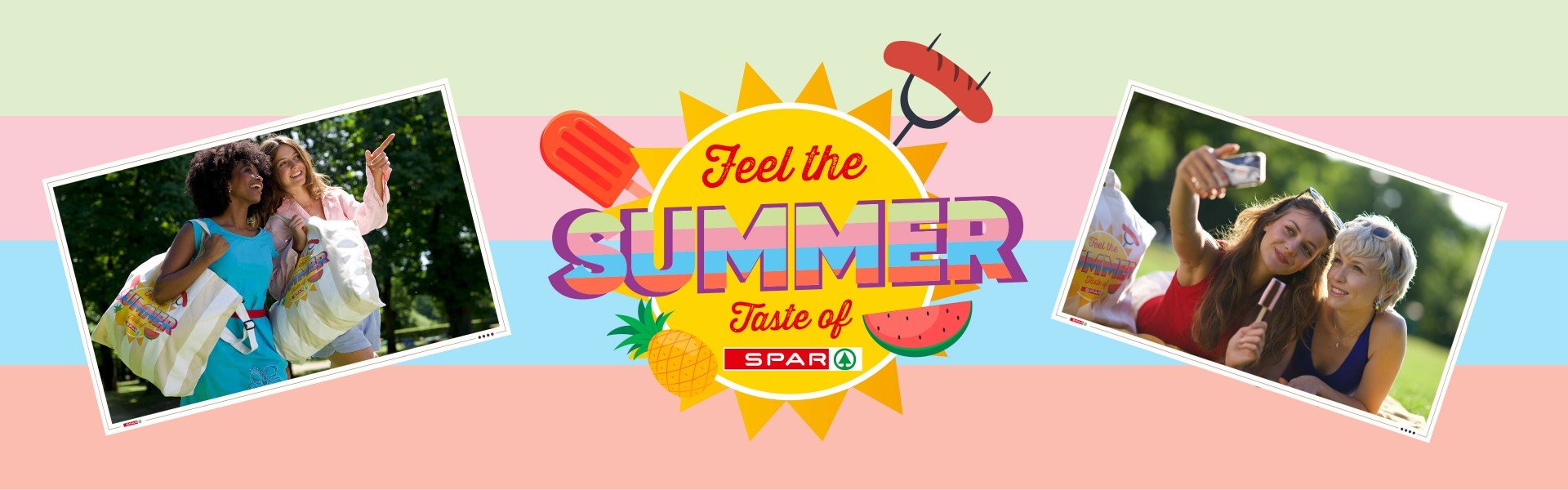 Summer Feelings Header Desktop Feel the summer - Taste of Spar Logo; Foto von 2 Frauen in einem Park und Foto von 2 Frauen mit Strandtasche im Park