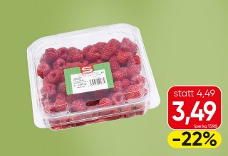 Süße  S-BUDGET  Himbeeren 250-g-Tasse, statt 4,49 um 3,49