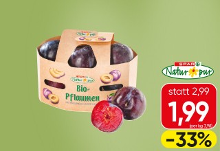 SPAR Natur*pur Bio-Pflaumen Klasse 1,  500-g-Tasse statt 2,99 um 1,99