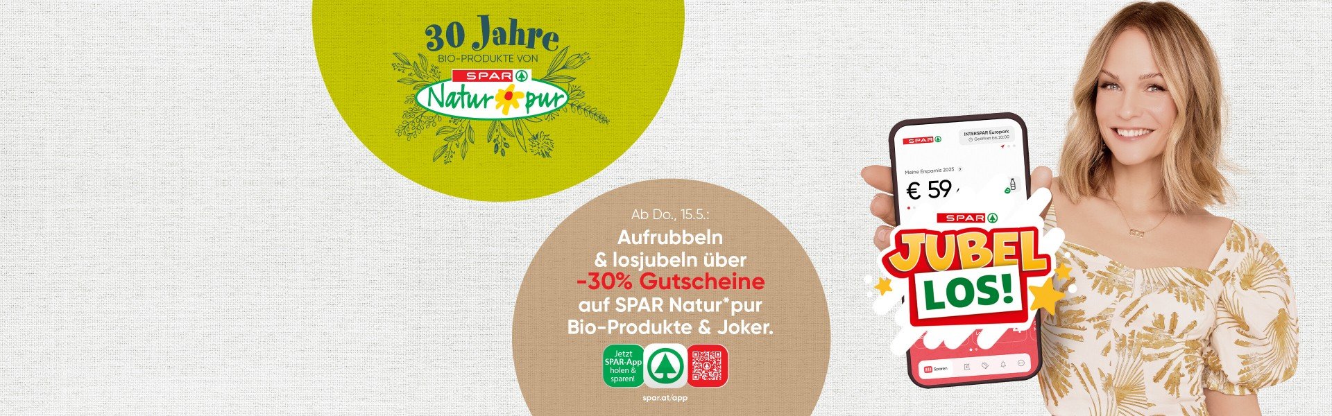 30 Jahre SPAR Natur*pur, Jubellos Aufrubbeln und losjubeln über Minus 30 Prozent Gutscheine auf SPAR Natur pur Bioprodukte & Joker.