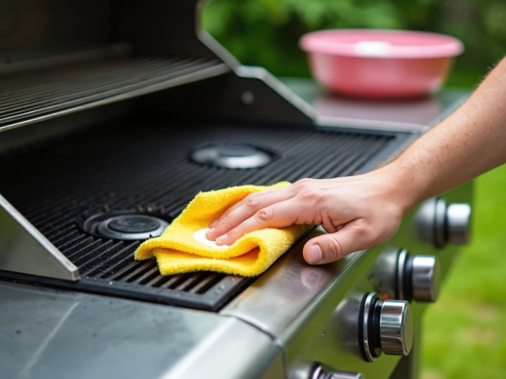 Mann putzt den Gasgriller mit einem gelben Tuch.
