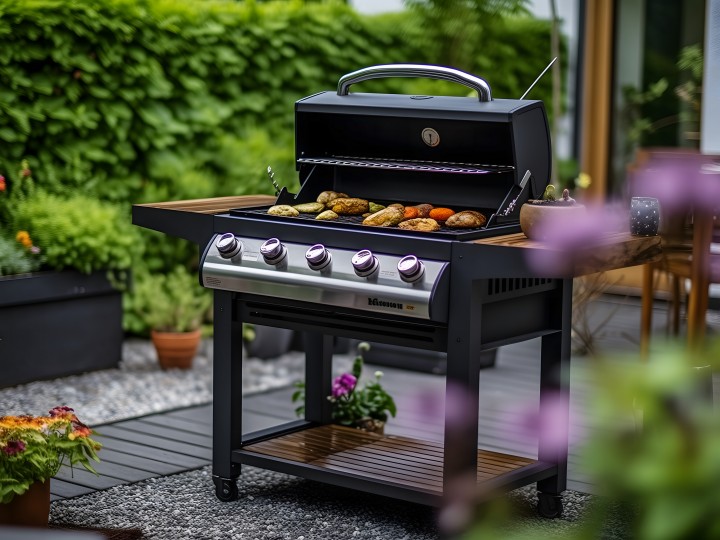 Ein Gasgriller mit Gemüse drauf steht im Garten.