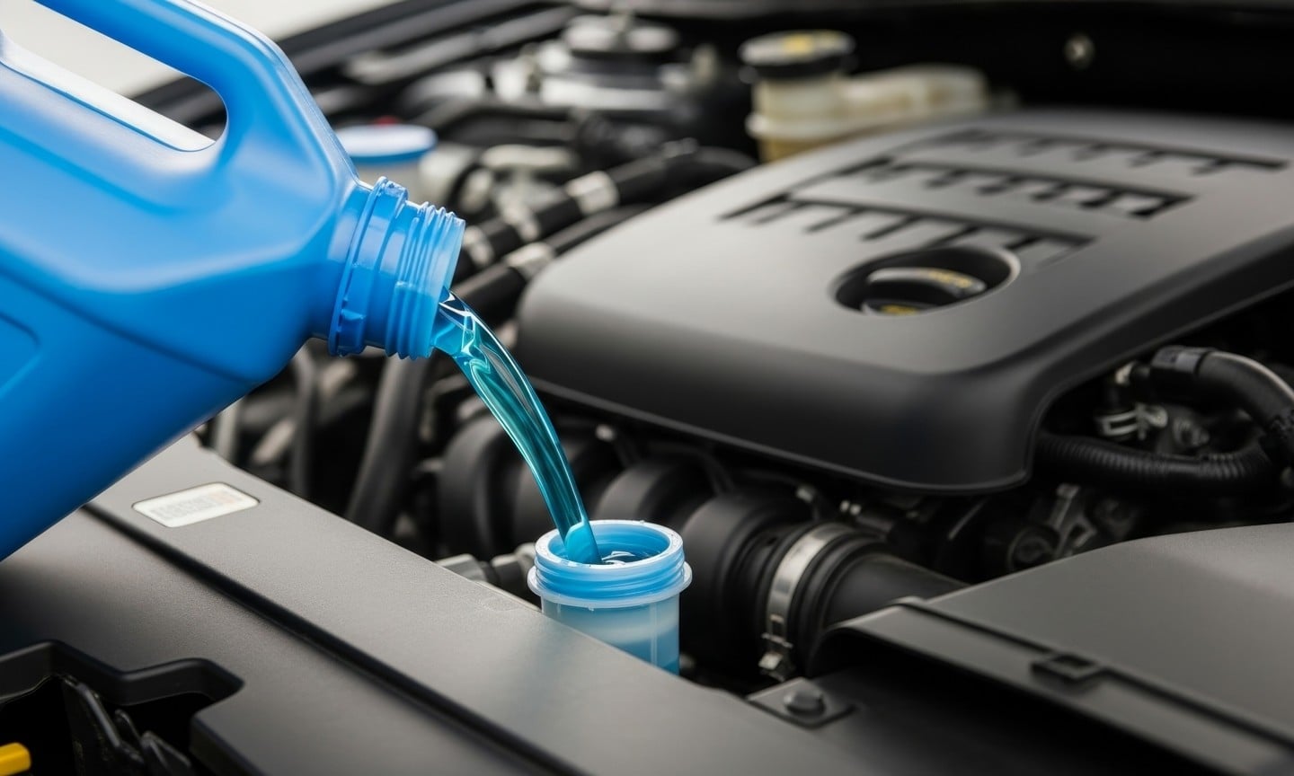 Adding Coolant to Car Engine - Close-up of blue coolant being poured into a car's engine coolant reservoir. Automotive maintenance