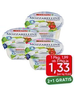 DESPAR Mozzarelline; zwei plus eins gratis; eine Packung 1,99 Euro ab drei Packungen je 1,33 Euro