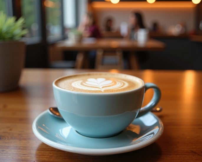 Ein Melange-Kaffee, serviert in einer stilvollen blauen Tasse auf einem rustikalen Holztisch im Café.