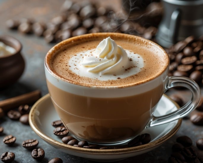 Kaffeetasse mit Schlagsahne auf Untertasse, umgeben von Kaffeebohnen und einer Holzschale auf einer rustikalen Tischplatte. Kopierbereich