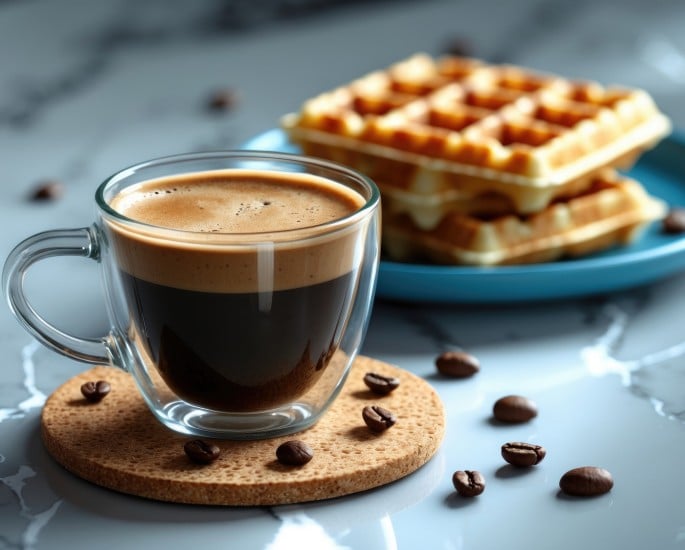 Frischer Americano-Kaffee, serviert in einem Glasbecher auf einem Marmortisch.