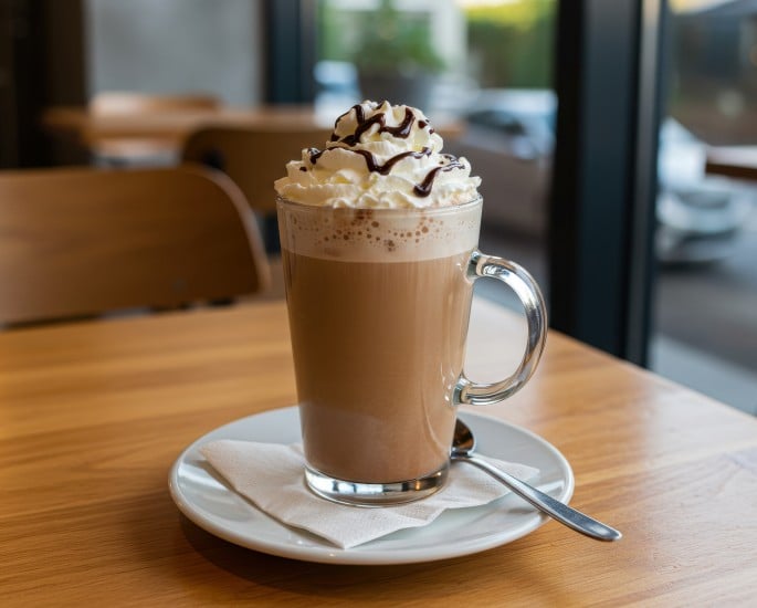 Köstlicher Kaffee mit Schlagsahne und Schokoladenglasur, serviert auf einem Holztisch in einem gemütlichen Café mit unscharfem Hintergrund.