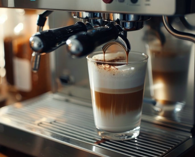 Professionelle Kaffeemaschine mit Cappuccino-Tasse für die Zubereitung von Latte Macchiato Cappuccino und Milchschaum