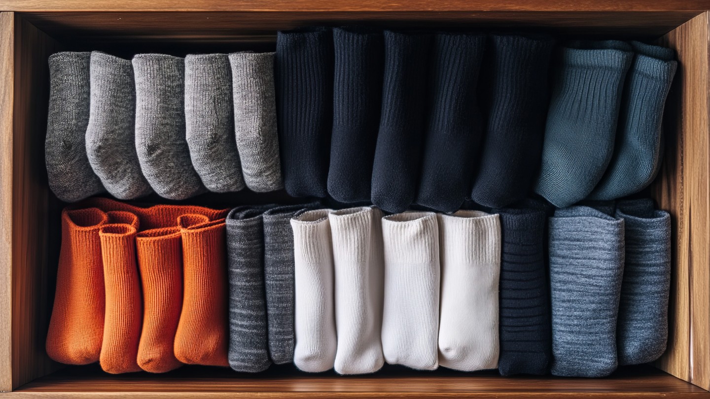 Blick von oben auf eine gefüllte Schublade mit verschieden färbigen Socken 