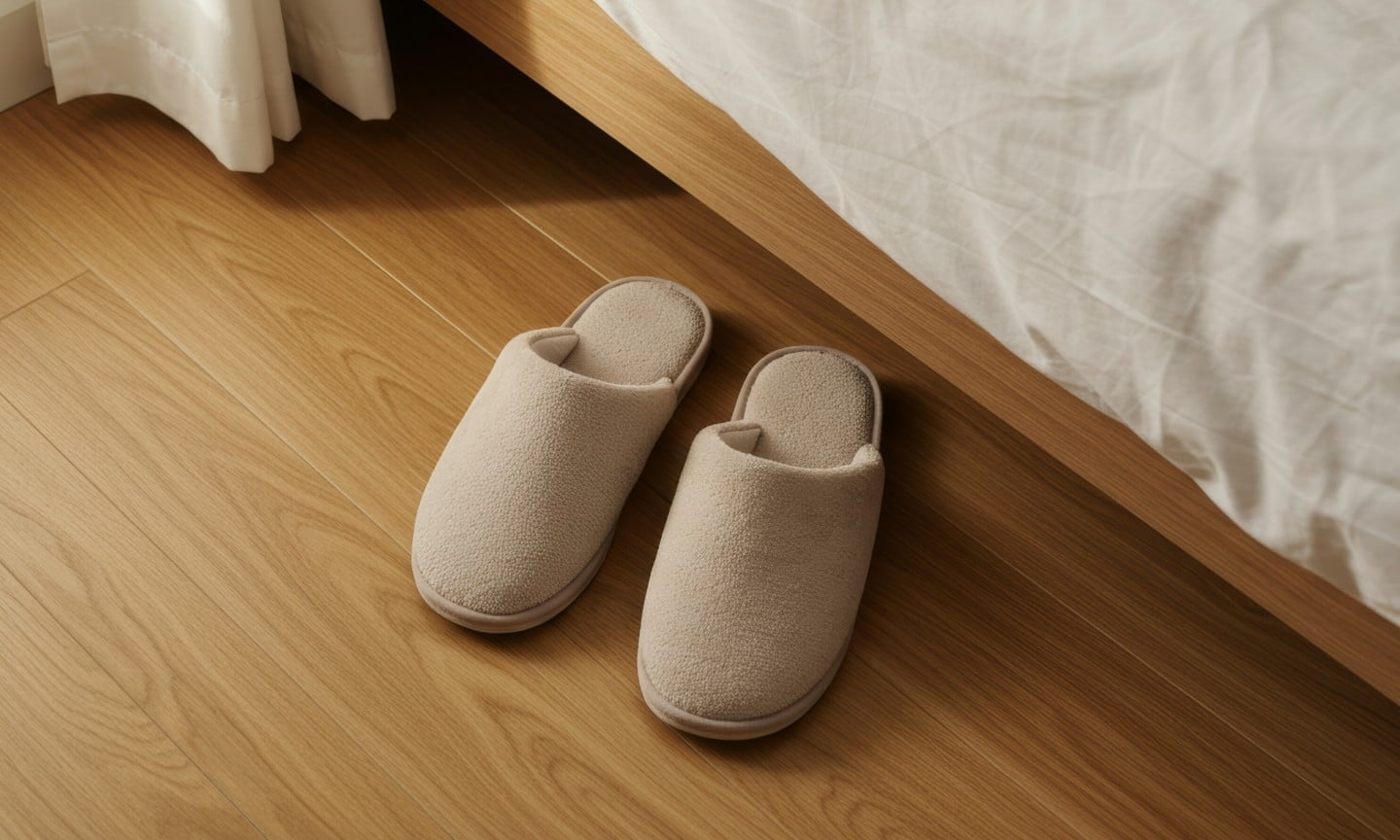 Pantoffeln auf Holzboden vor einem Bett
