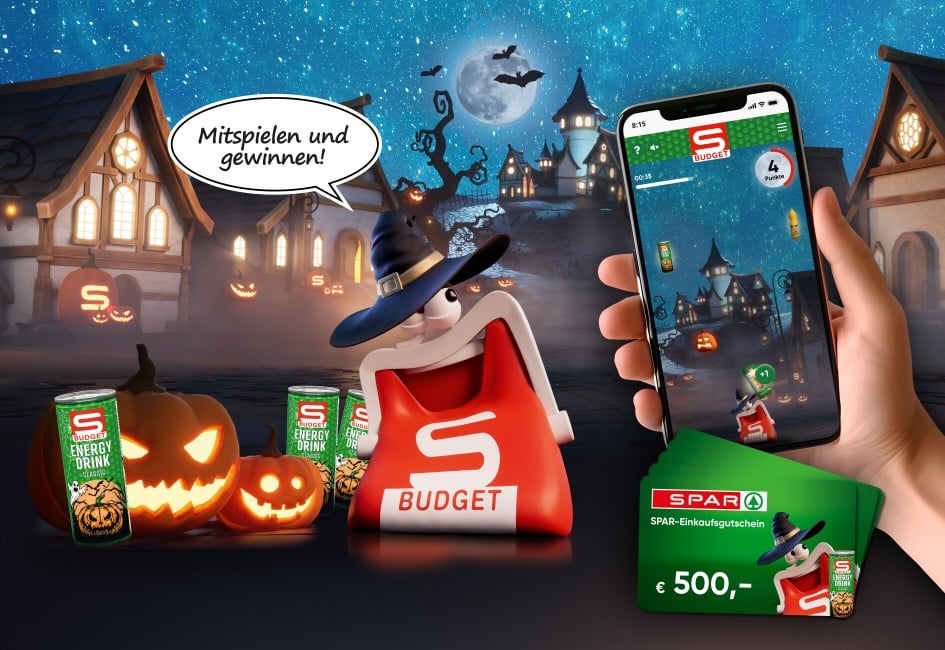 Das S-BUDGET Börserl befindet sich in einer Halloween Welt und sagt in einer Sprechblase "Mitspielen und gewinnen"; Es sind 5 500 Euro SPAR-Einkaufsgutscheine abgebildet