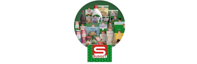 S-BUDGET Produkte auf grünem Hintergrund in einem Kreis dargestellt, davor unten platziert das S-BUDGET Logo