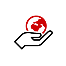 Icon einr Hand, die eine rote Weltkugel in der hand hält