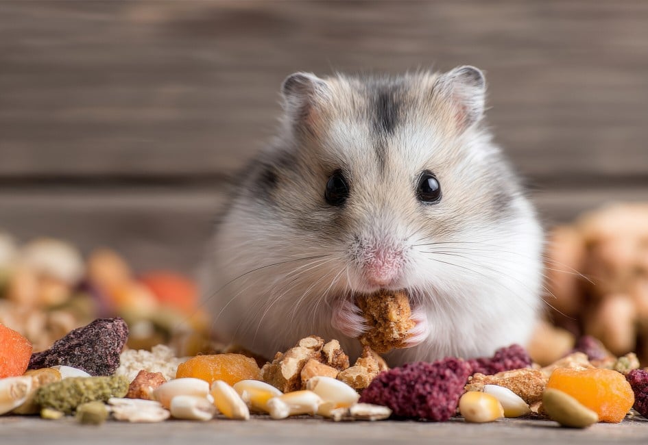 ein grau weißer Hamster isst eine Nuss