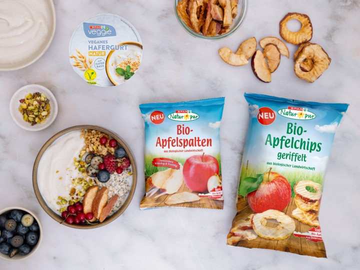 SPAR Natur*pur Bio-Apfelchips, Bio-Apfelspalten und Hafergurt