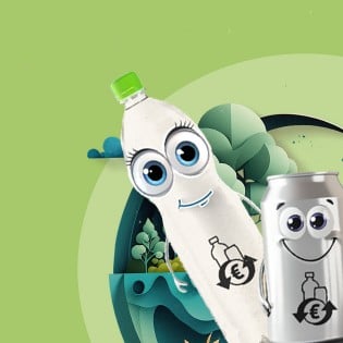 Plastikflasche und Dose mit lächelndem Gesicht in der Ecke