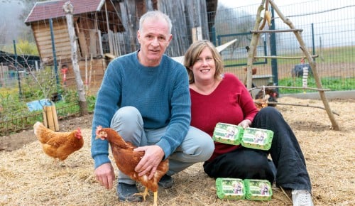 Anton und Monika Scheibenreif sitzen in ihrem Hühnerstall mit Hühnern im Bild und ihren Eierverpackungen.