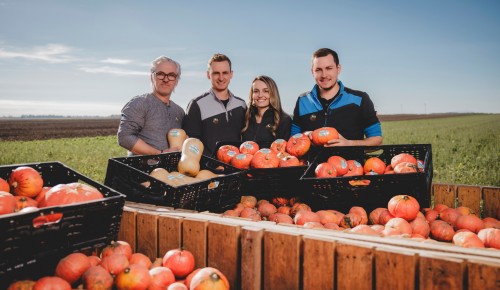 Familie Schnirch mit schwarzen Kisten voll mit Kürbissen und großen Holzkisten auf einem Feld an einem sonnigen Tag
