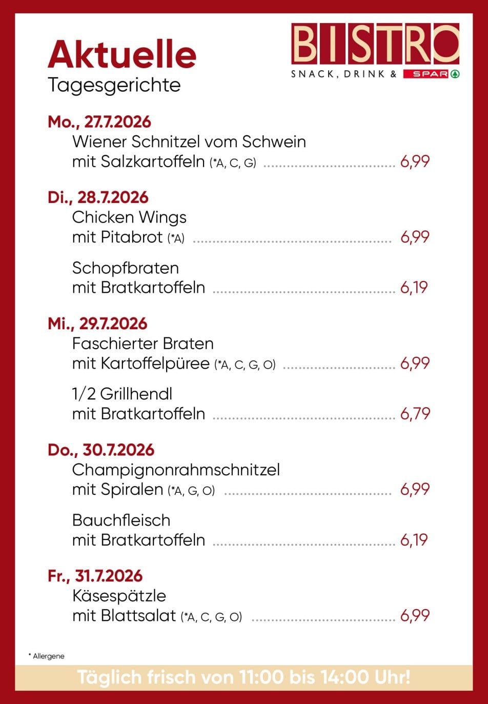 Bistro Menüplan KW 31