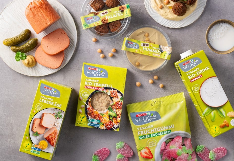 Auf diesem Bild sieht man eine kleine Auswahl des SPAR Veggie Sortiments