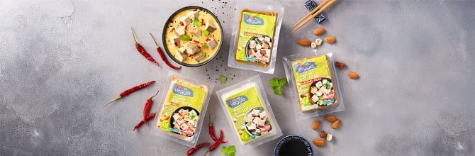 Auf diesem Bild sieht man das SPAR Tofu-Sortiment sehr schön präsentiert