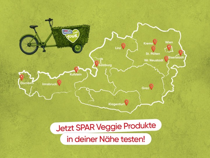 Die Karte zeigt die Stopps der SPAR Veggie Love Tour in Dornbirn, Innsbruck, Kufstein, Salzburg, Linz, Krems, St.Pölten, Wiener Neustadt, Wien, Eisenstadt, Graz und Klagenfurt an.