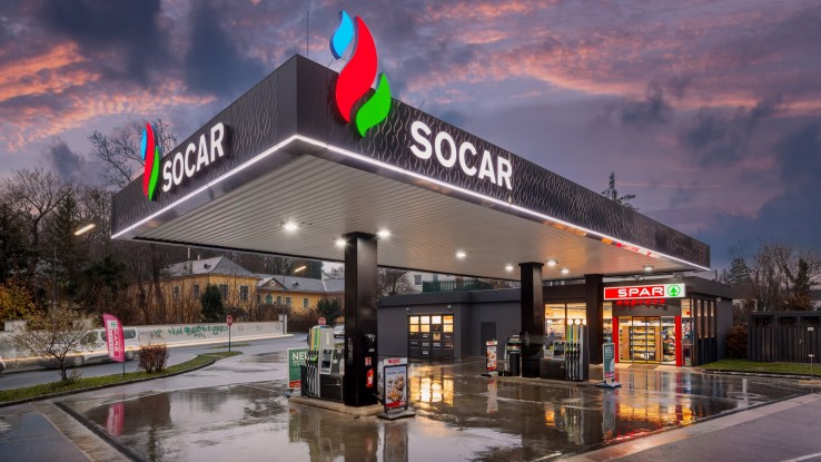 Außenaufnahme des neuen Spar Express Tankstellenshops in der Socar Tankstelle in der Endrestraße in Wien