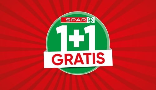 1+1 Gratis Icon auf rotem Hintergrund mit SPAR Logo
