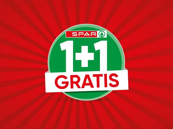 1+1 Gratis Icon auf rotem Hintergrund mit SPAR Logo