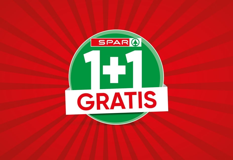 1+1 Gratis Icon auf rotem Hintergrund mit SPAR Logo