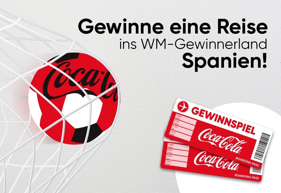 Coca Cola Gewinnspiel mit einem Fußball im Netz und Flugtickets