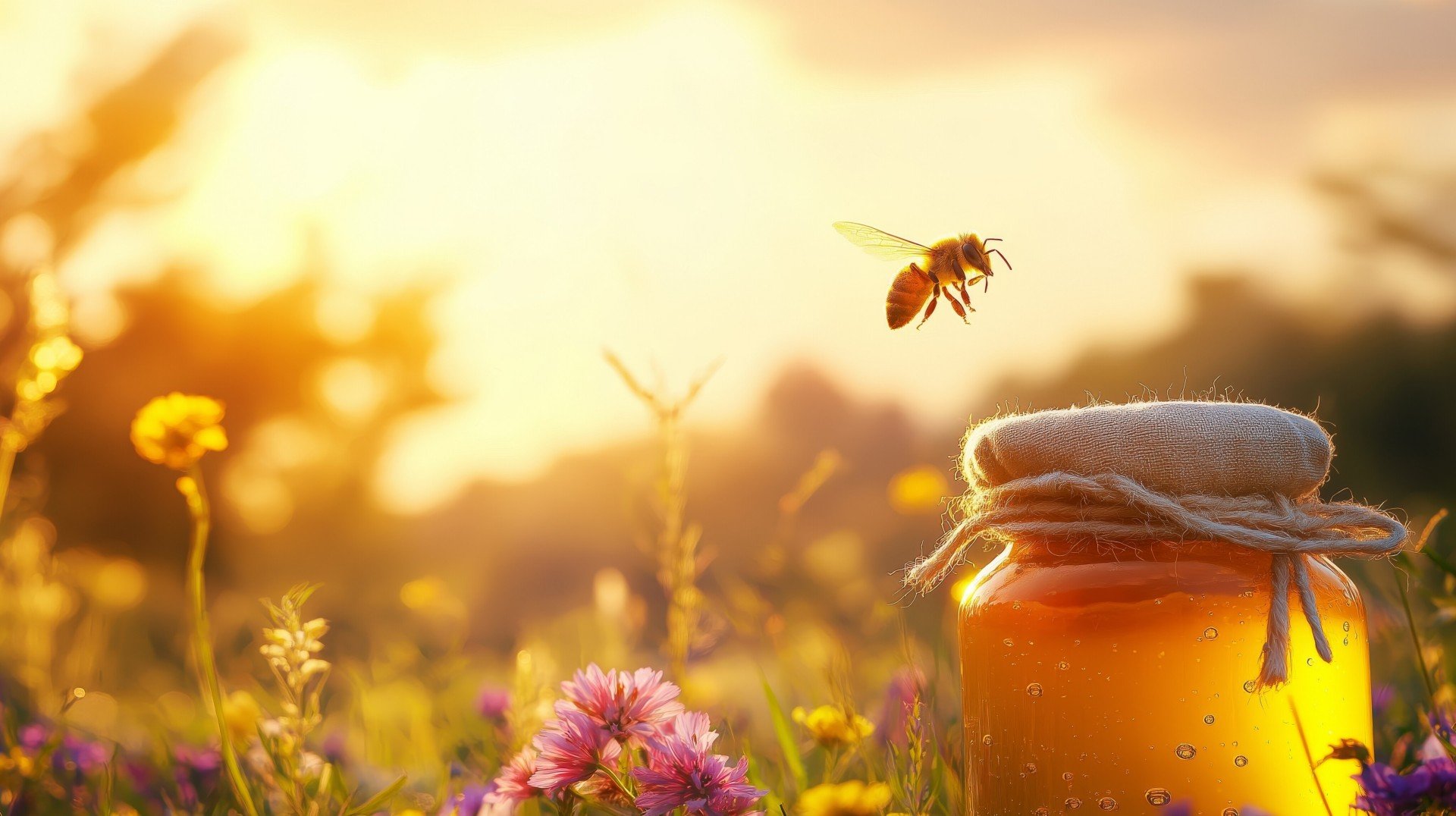 A bee hovering over a jar of honey in a vibrant field of wildflo A bee hovering over a jar of honey in a vibrant field of wildflo