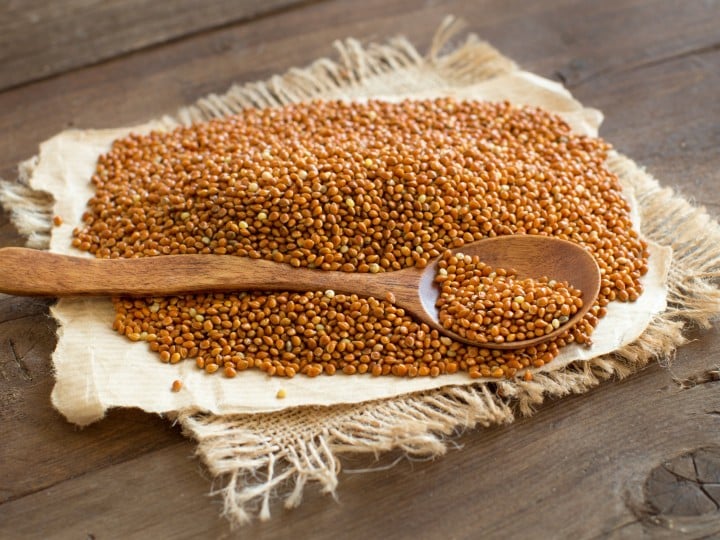 Whole brown millet pile with a spoon close up