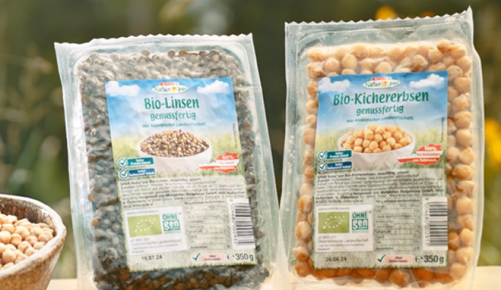 Produktverpackung SPAR Natr*pur Bio-Linsen und Bio-Kichererbsen genussfertig